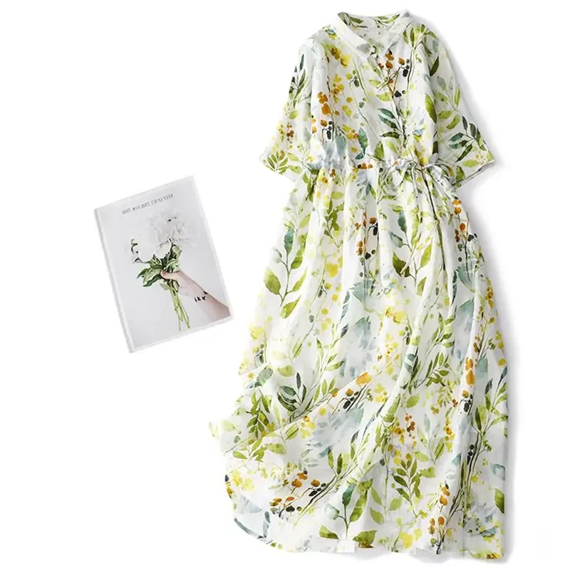 Robe longue en coton et lin pour femmes, mode d'été, motif Floral français, manches courtes, imprimée, ample, 2025