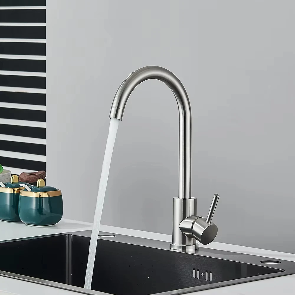 

Grifo de cocina de acero inoxidable, grifería de fregadero de cubierta de un solo Mango, arco alto, giratorio de 360 °, mezclado