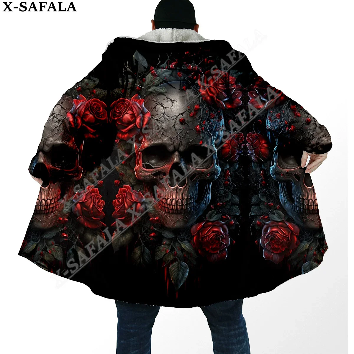 Dark Love Deth Rose Skull Trippy 3D Print Dream Cloak Thick Warm Hooded Men Overcoat Coat Windproof Fleece Cape Robe Blanket-1