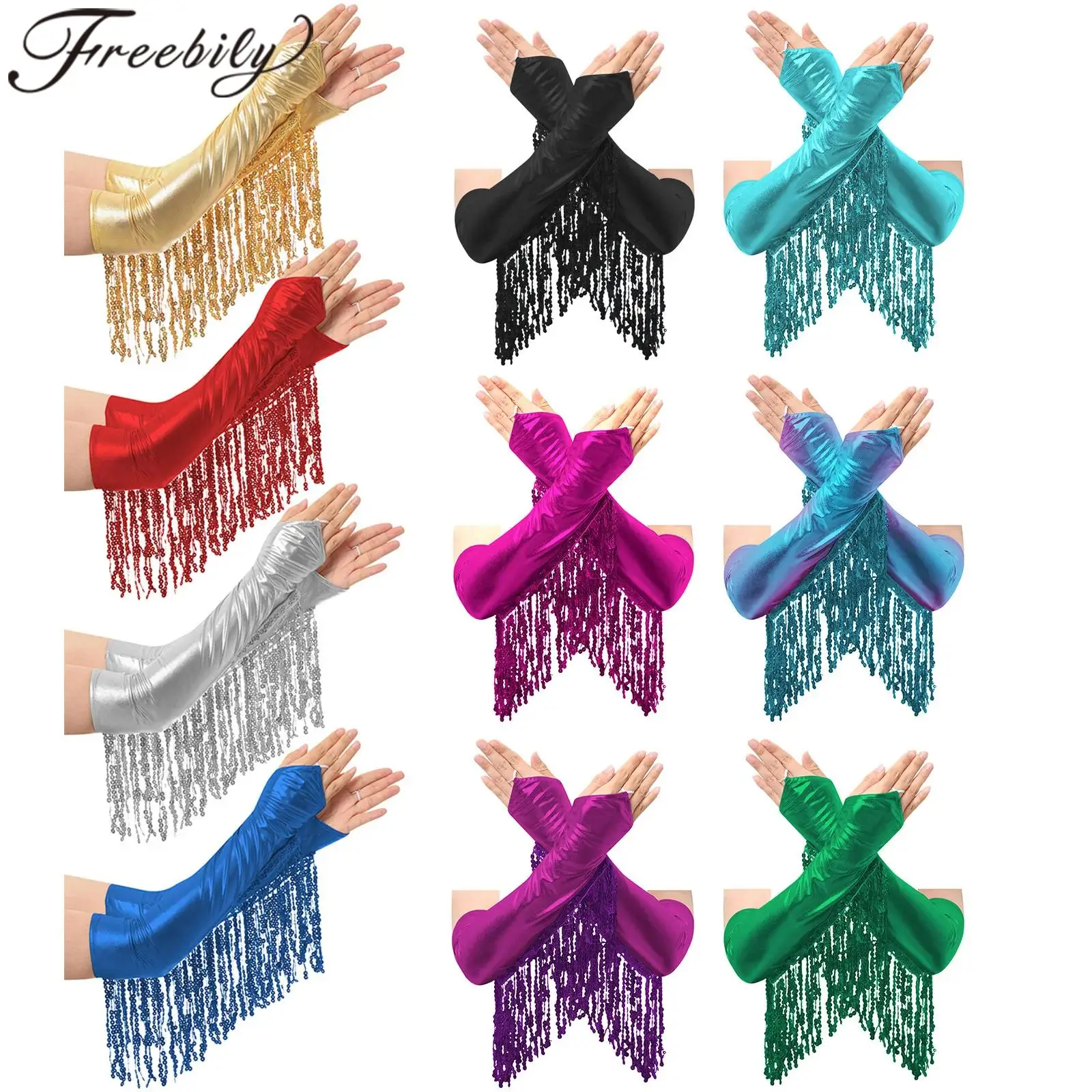 النساء شرابة قفازات طويلة الكبار الترتر لامع قفازات لامعة طول الكوع أصابع قفازات الحفلات أوبرا تأثيري اكسسوارات #1