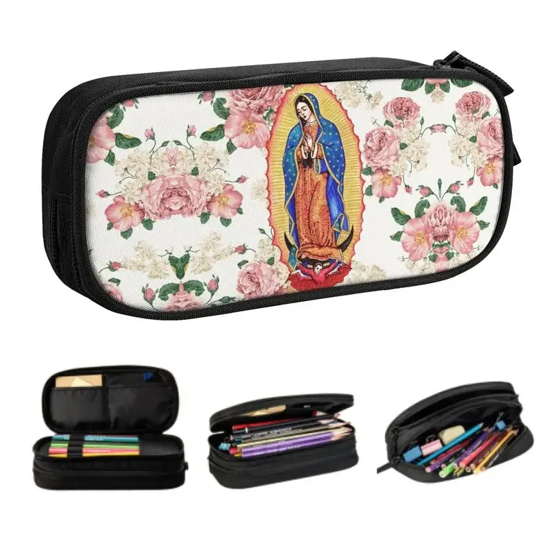 

Custom Virgin Of Guadalupe Pencil Cases for Girl Boy Large Storage Mexico Catholic Virgin Mary Pen Bag Box Stationery