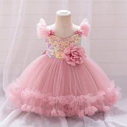 Luxury Pink Party Sequin Tutu Dress For Baby Girls Flower Tulle Birthday Clothing Princess Gown Fashion Elegant Wedding Costumes