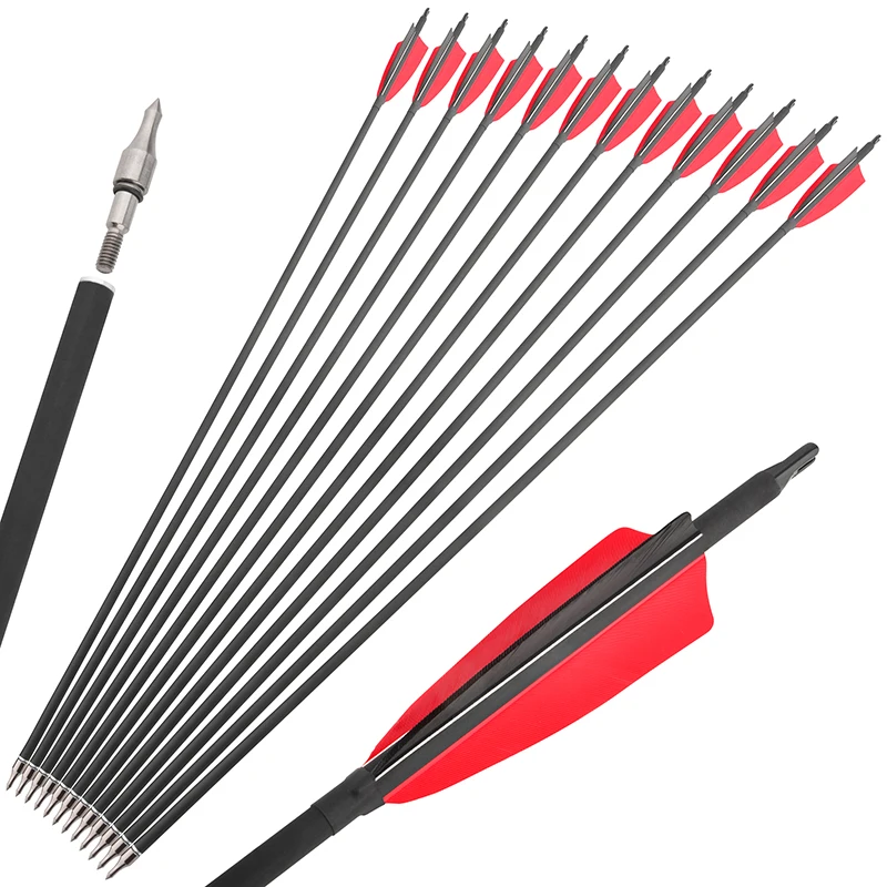 

6/12pcs Archery Mixed Carbon Arrow Shield Turkey Feather Spine 500 ID6.2mm OD7.8mm 100Grain Point Tip for Recurve Bow Hunting
