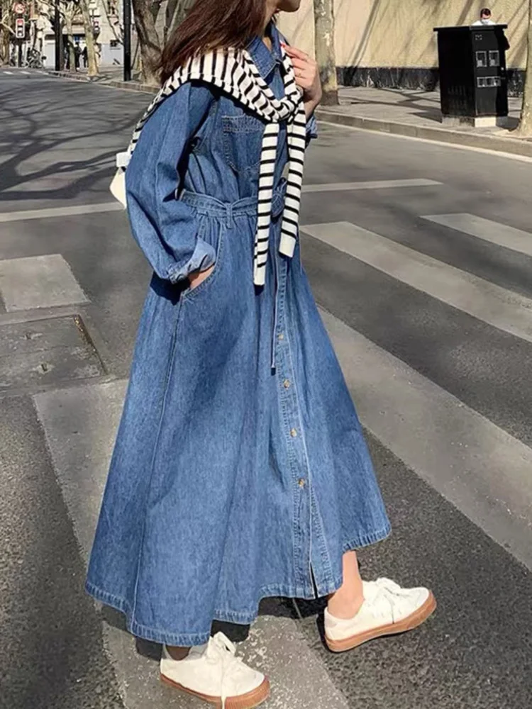 [EWQ] Korean Style Lace Up Waist Denim Shirt Dress Vintage Single Breasted Long Sleeve Dresses Women 2024 Spring Autumn 16U7978