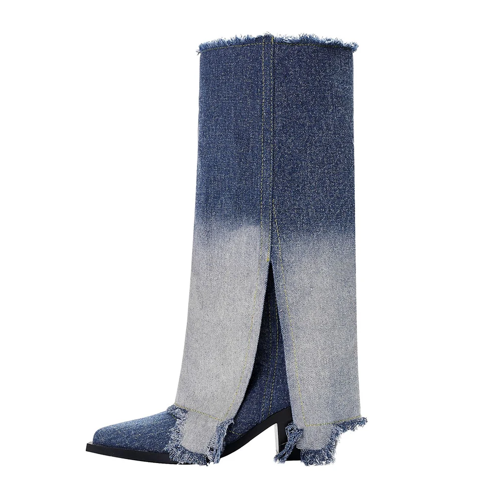 Washed Raw Edge Denim Boots Pointed Toe Chunky Heel Women's Mid Calf Boots Gradient Denim Couture High Heel Boots Trouser Boots