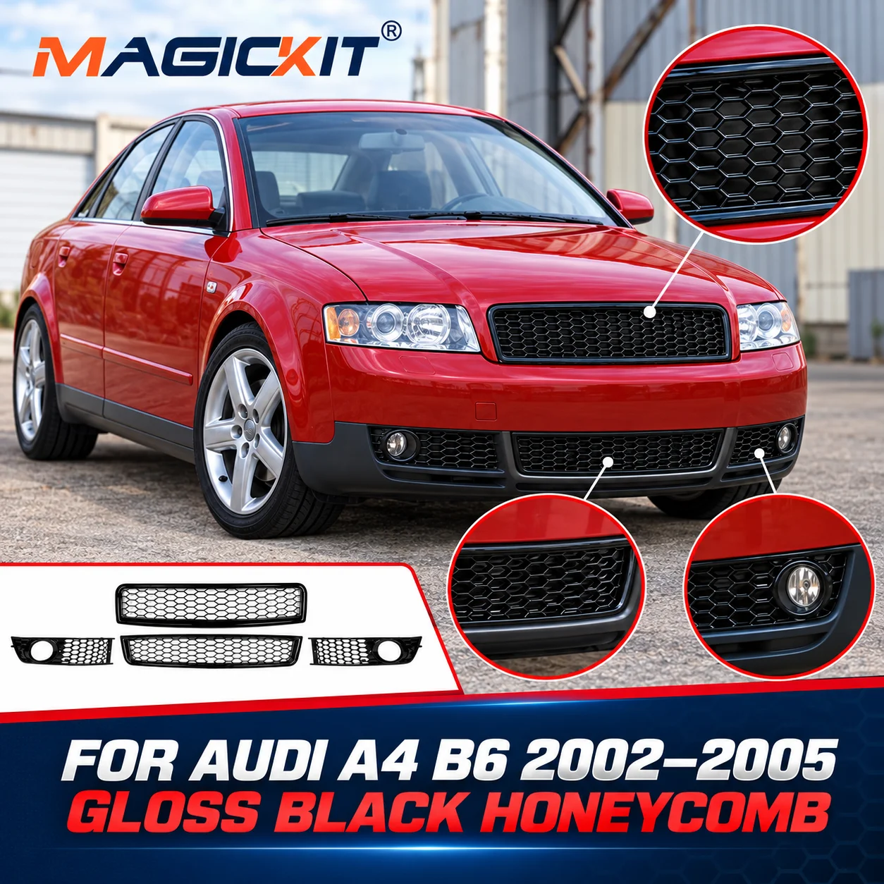 MagicKit Griglia Superiore Lucida Nera per Paraurti Anteriore Audi A4 B6 Berlina 2002~2005, Griglia Inferiore a Nido d'Ape, Griglie Fendinebbia, Rete di Aspirazione Aria