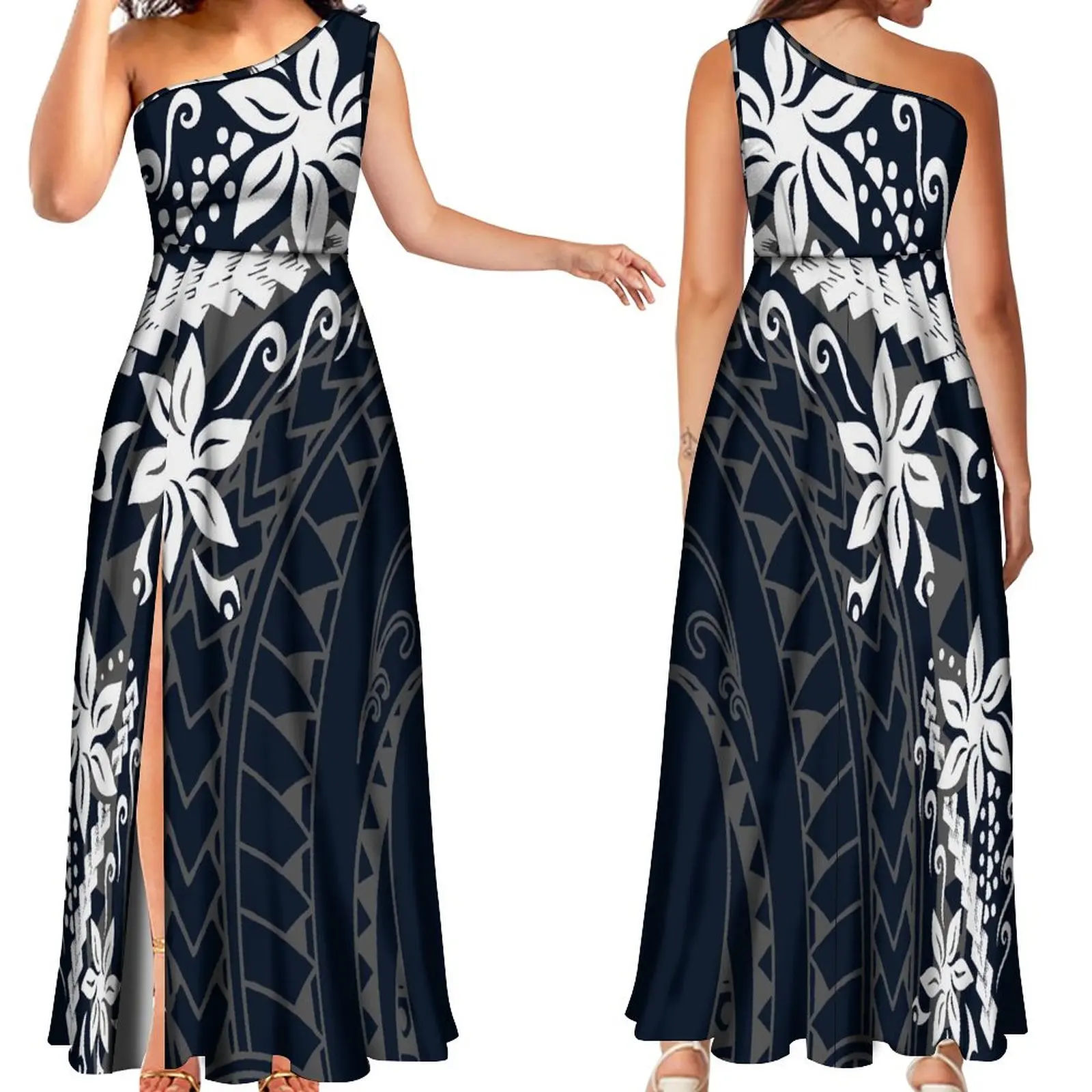 Custom Women'S Dress Off-The-Shoulder Slit Maxi Ball Show Holiday Party Fashion Dress Polynesian Island Design Art Print