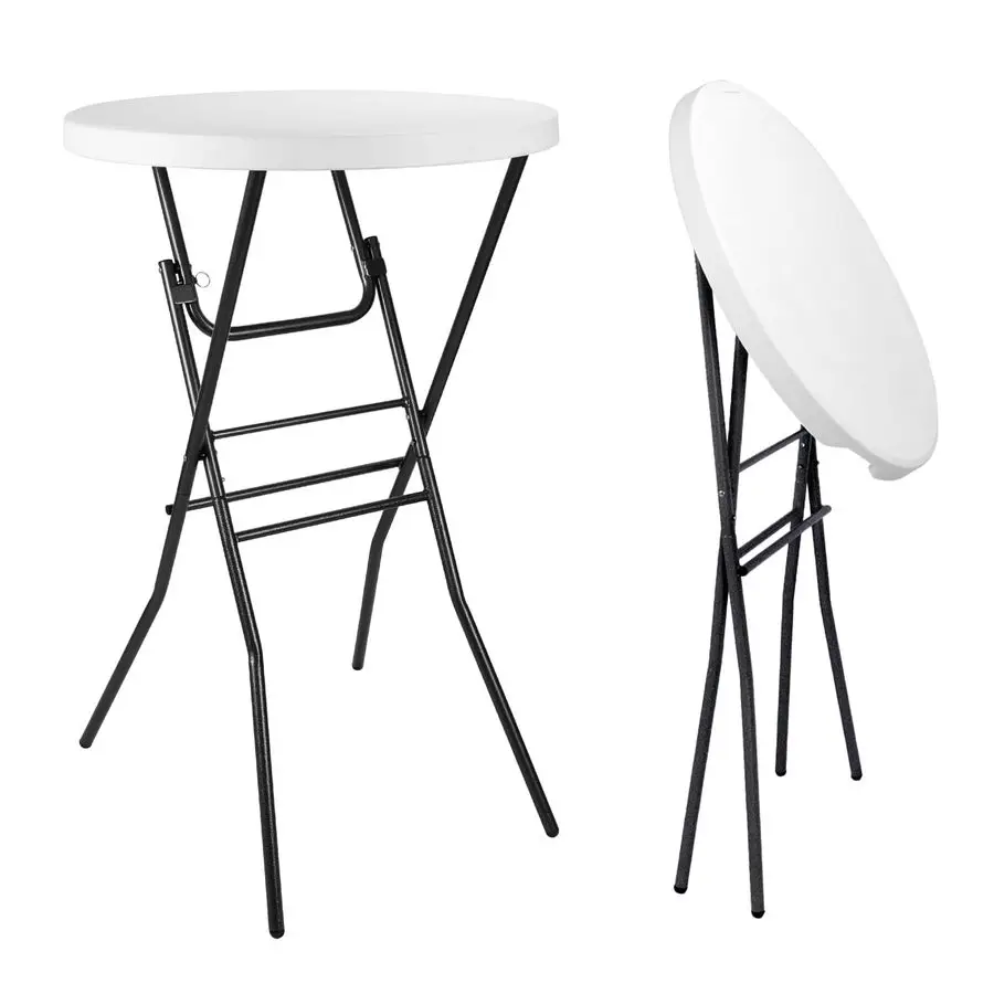 

Cocktail Table 28in Portable Folding Bar Height Table, Compact Round High Top Plastic amp Steel Bistro with Removable Legs, for