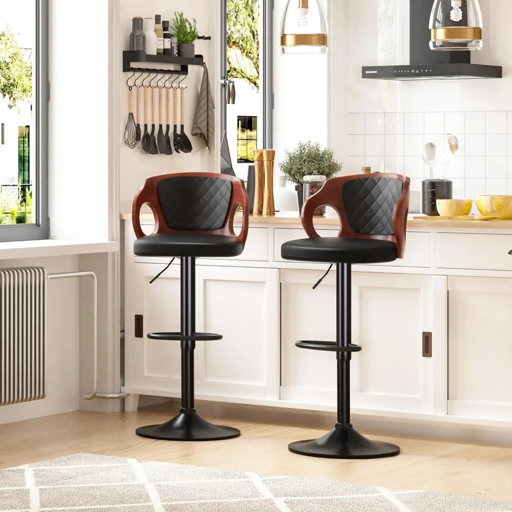Bar Stools Set of 2,Adjustable Counter Height Stools with Bentwood Back,Armrest&Footrest,Swivel PU Leather Bar Chairs for Kitch