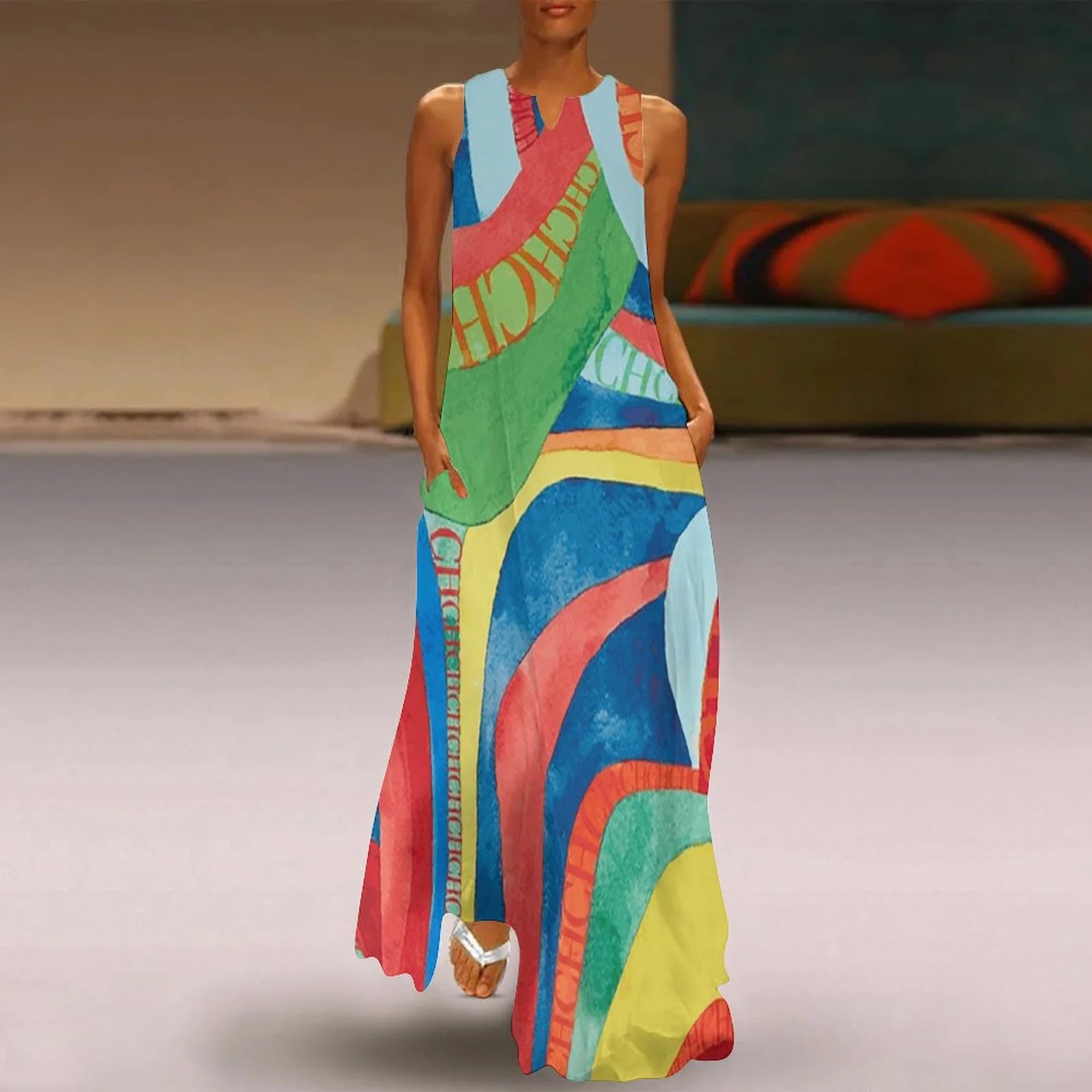 

CHCH 2024 New Summer Women's Loose Long Dress Sleeveless V-neck A-line Elegant Dresses for Women Casual Dress