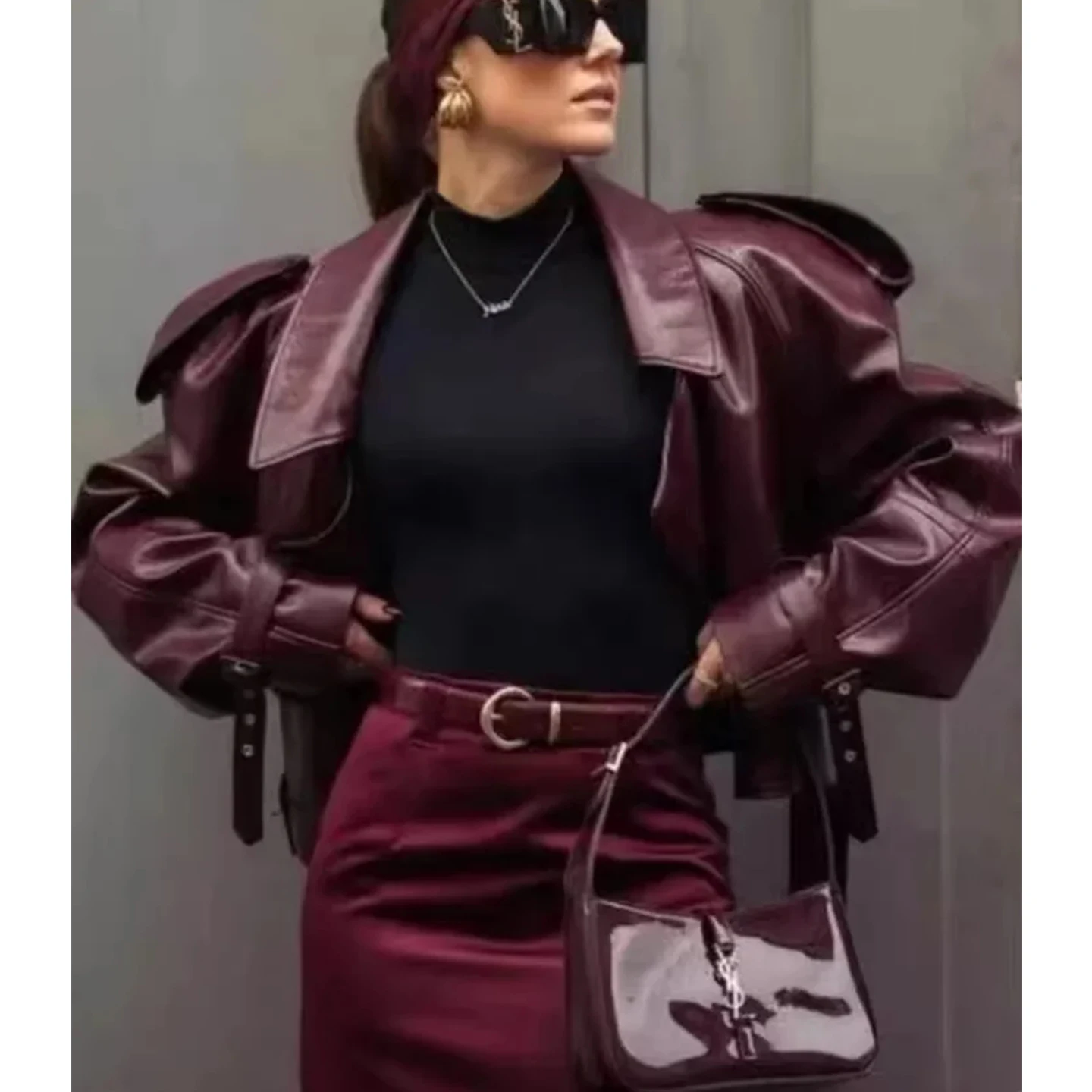 Hiver nouveau femmes coupe ample Biker Sle Long Sve col montant en cuir PU ort Jaet manteau fonctionnel Faion vêtements pour dames