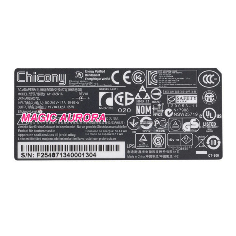 For CHICONY A11-065N1A Laptop Adapter 19V 3.42A 65W Charger For ACER ASPIRE S3 MS2384 MS2273 MD7820U NV53 MD2614U MD7820U MS2285