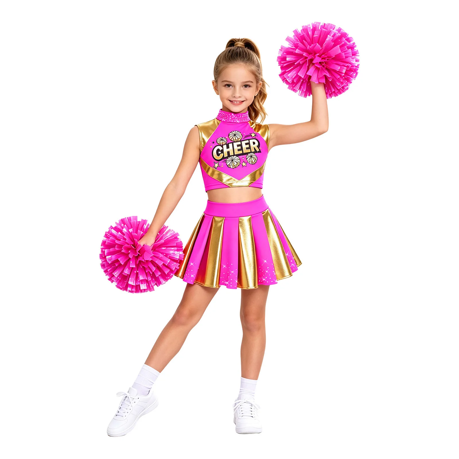 Cheerleader-Kostüm für Mädchen, Cheerleading-Uniform, 2-teiliges Set, ärmelloses Top mit Strasssteinen und „CHEER“-Aufdruck, kurzes Oberteil, plissierter Rock, Tanzoutfit. – Detail 7
