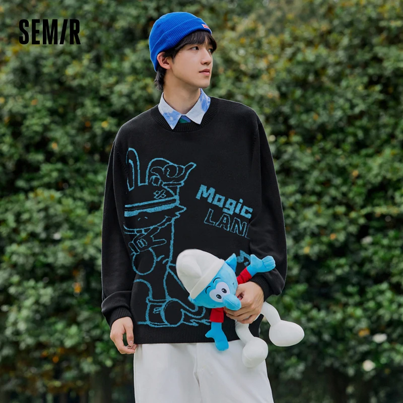 

Semir 2023 Men Knitwear Autumn Winter Cartoon Jacquard Sweater Loose Personality Trendy Hit Color Knitted Pullover for Men