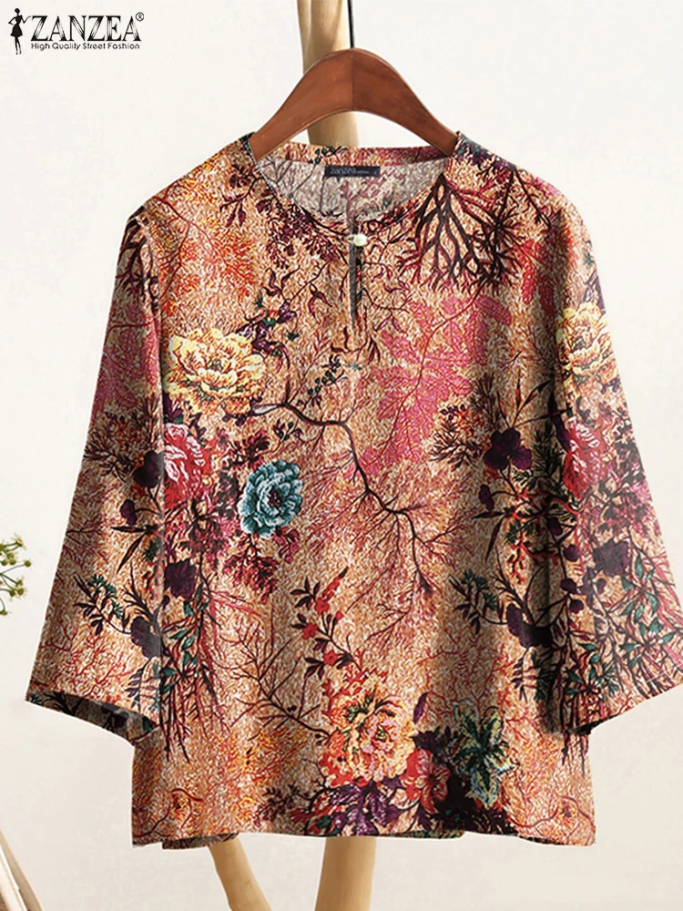 2025年秋プリントブラウス ZANZEA レトロホリデーシャツ レディース ボヘミアン Oネック 七分袖トップス カジュアルワークブラウス チュニック 女性用