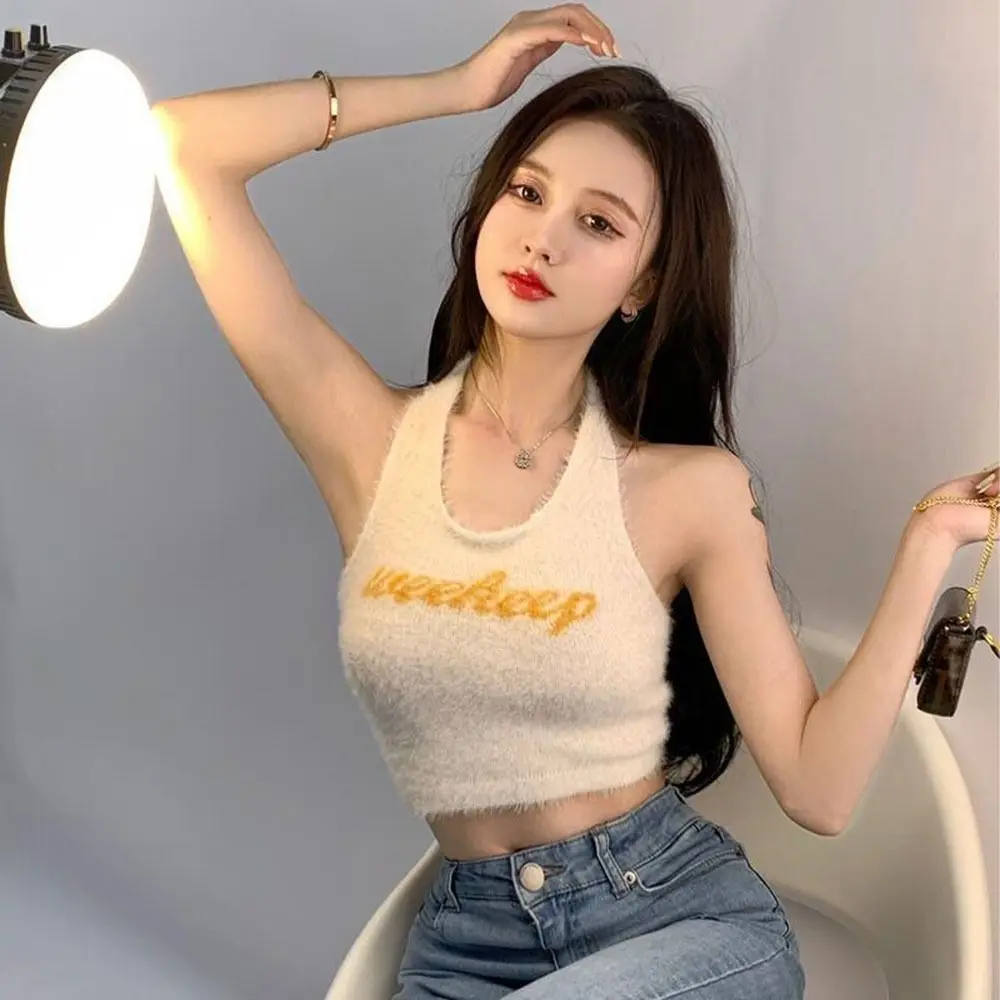 

Sleeveless Halter Neck Crop Top Plush Slim Halter Neck Vest Polyester Letter Print Halter Neck Pullover Sweater Fall/Winter