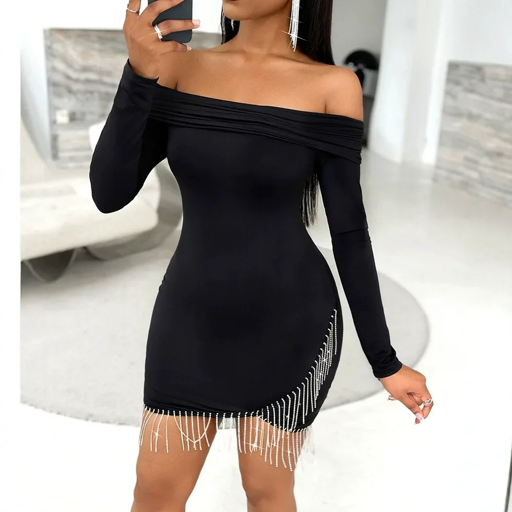 

Long Sleeve Dress for Woman Party 2024 Night Birthday Off Shoulder Tassel Hem Bodycon Dresses Mini Split Pencil Skirt Fall New