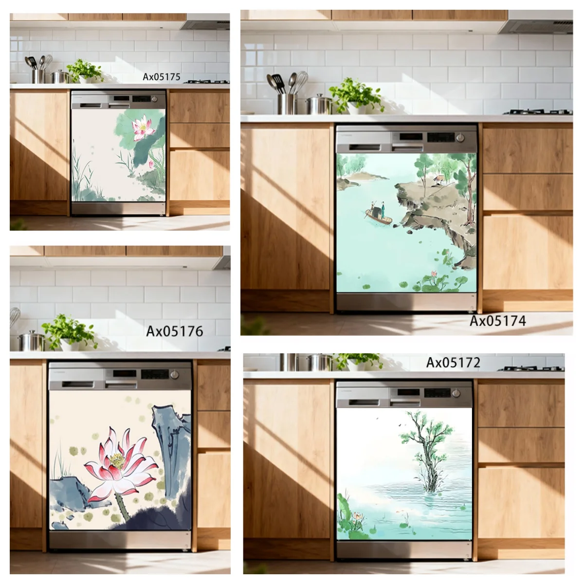 Chinese Ink Wash Lotus Mandarin Duck Dishwasher Door Wrap Sticker Traditional Oriental Water Lily Bridge Kitchen Furniture Decor
