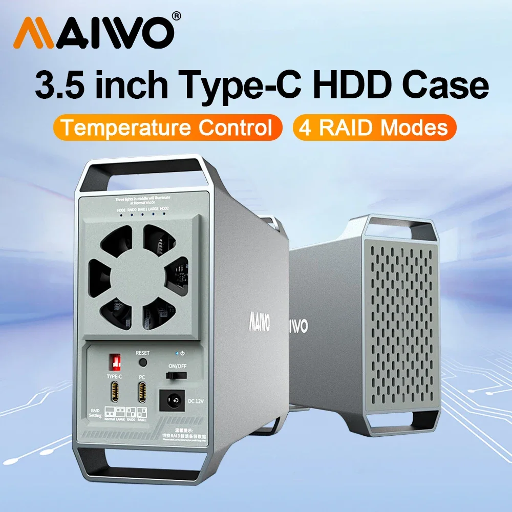 MAIWO-Gabinete de Disco Rígido Externo, Dual Bay, Inteligente com Temperatura Controlada, HDD, 2.5 in, 3.5 in, 10Gbps, 3.5 in, HDD