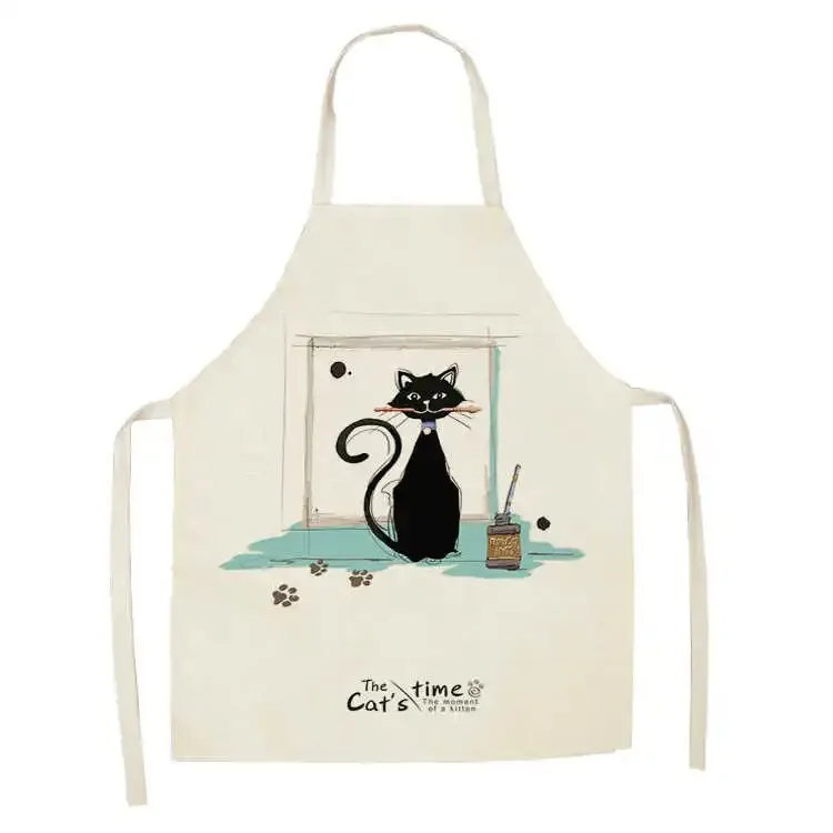 Home Cute Cat Pattern Kitchen Apron Women's Cotton Linen Bib Home Cleaning Apron Home Cooking Bib