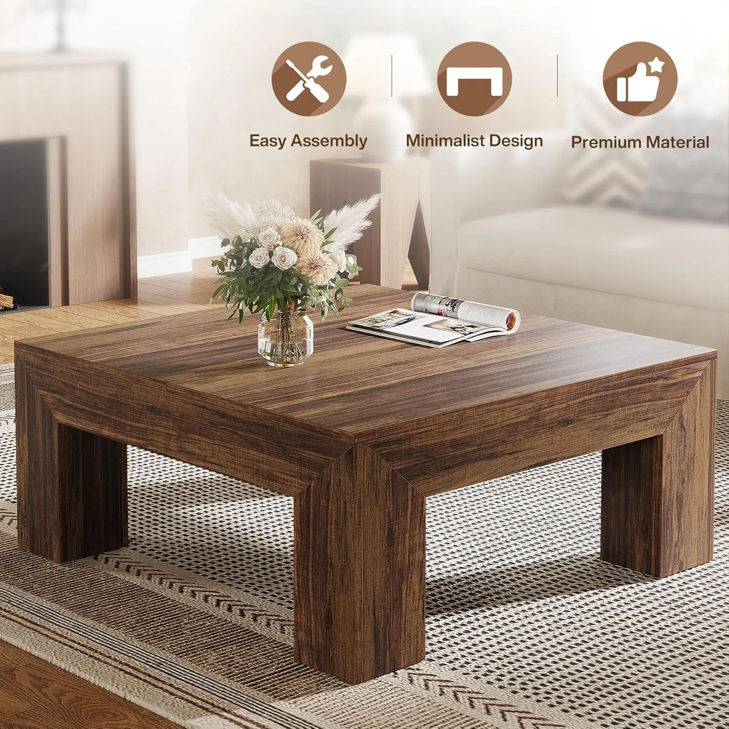 # 39.4-Inch Square Coffee Table for Living Room, Farmhouse Center Cocktail Tea Table with Sturdy Wooden Legs