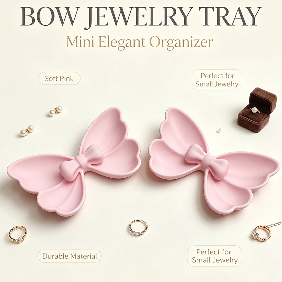 2Pcs Matte Soft Pink Bow Jewelry Storage Tray, Delicate and Smooth to the Touch, Durable and High-Quality Material, 3D Three-Dimensional Bow with Dual-Wing Compartment Design, Scallop-Shaped Lace, Exquisite and Cute Girly Style, for Sorting and Storing Rings, Earrings, Necklaces, Bracelets, and Various Jewelry. Dual-Purpose for Dressing Table, Bedside Table, Desktop Storage and Decoration. Compact Size, Space-Saving, Portable for Travel, Home Decor Ornament for Bedroom Tabletop