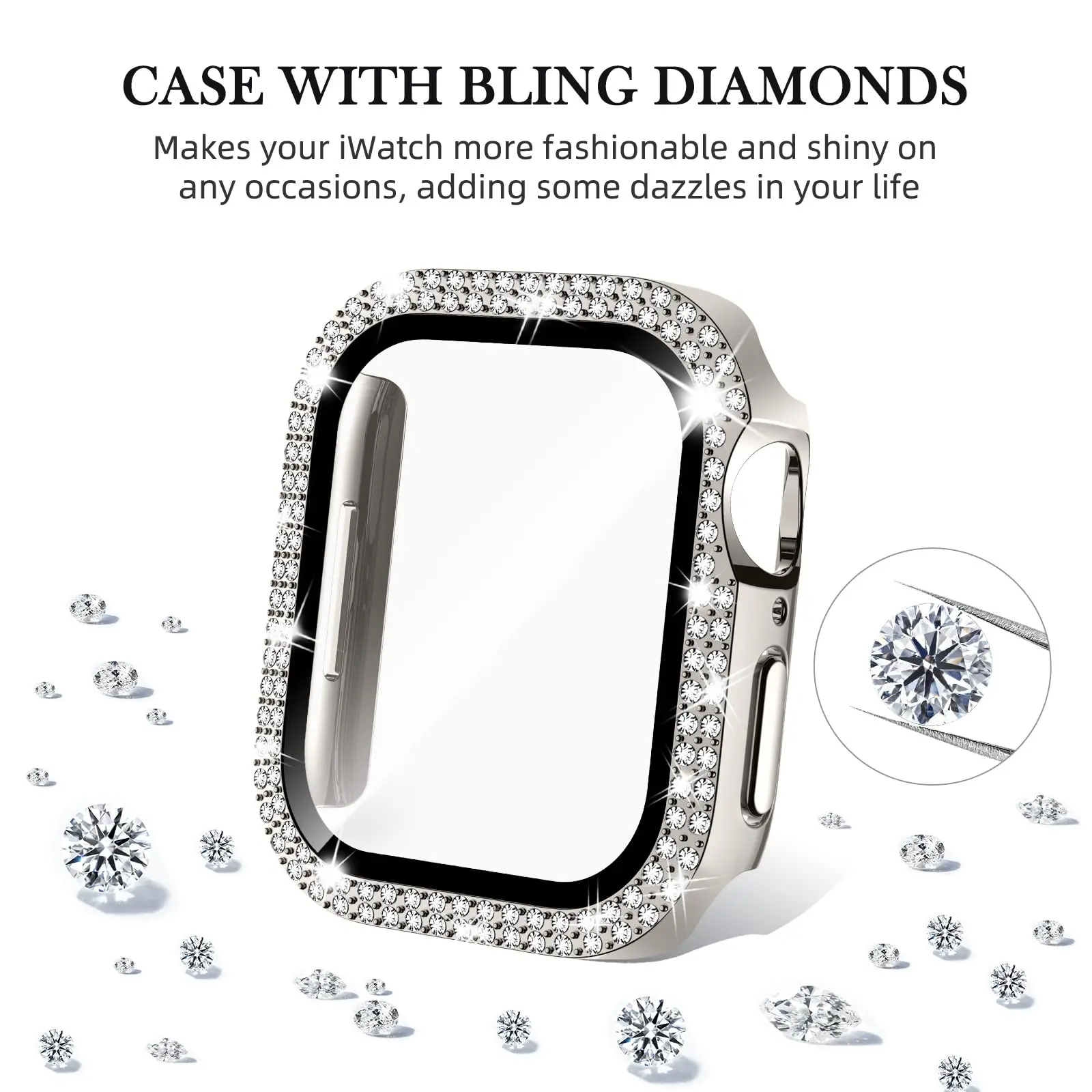 Glass+Diamond Cover For Apple watch case 40mm 44mm 41mm 45mm 38mm 42mm Bling Bumper Protector iWatch series 9 3 5 6 7 8 se case