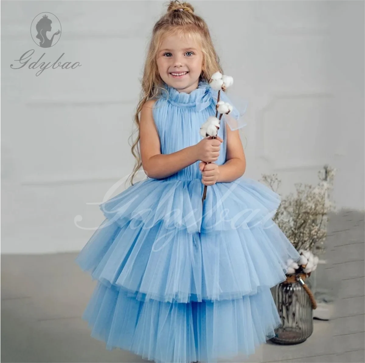 

Blue Flower Girl Dresses Tulle Puffy Tiered Cake Skirt Sleeveless For Wedding Birthday Party Banquet First Communion Gowns