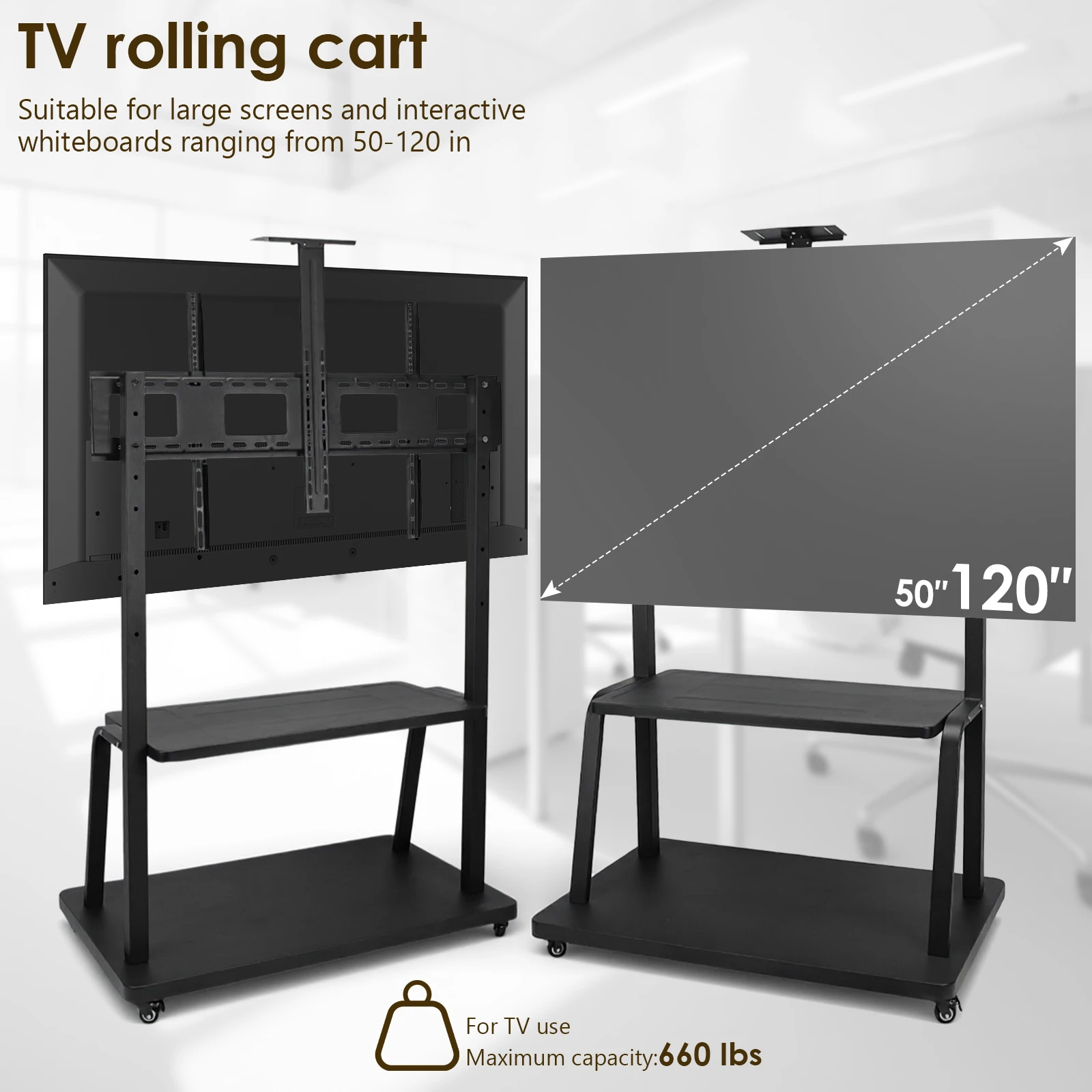 حامل بعجلات على الأرض مع عجلات رف قابل للتعديل حامل تلفزيون دوار أقصى تحميل يصل إلى 660 رطل عربة تلفزيون شديدة التحمل لشاشة 50-120 بوصة