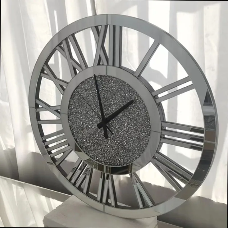 Living Room Home Silver Mirror, Rhinestone Roman Numeral Clock, Silent Wall Clock, Clock