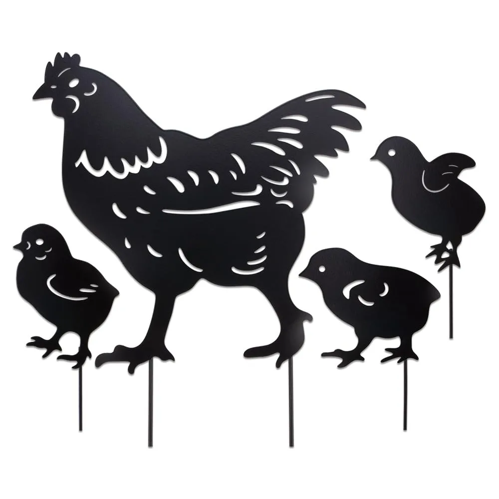 Black Chicken Garden Decorative Statues Hollow-Cut Metal Chicken Family Statues Animal Hen And Chicks Silhouette Plugins Lawns