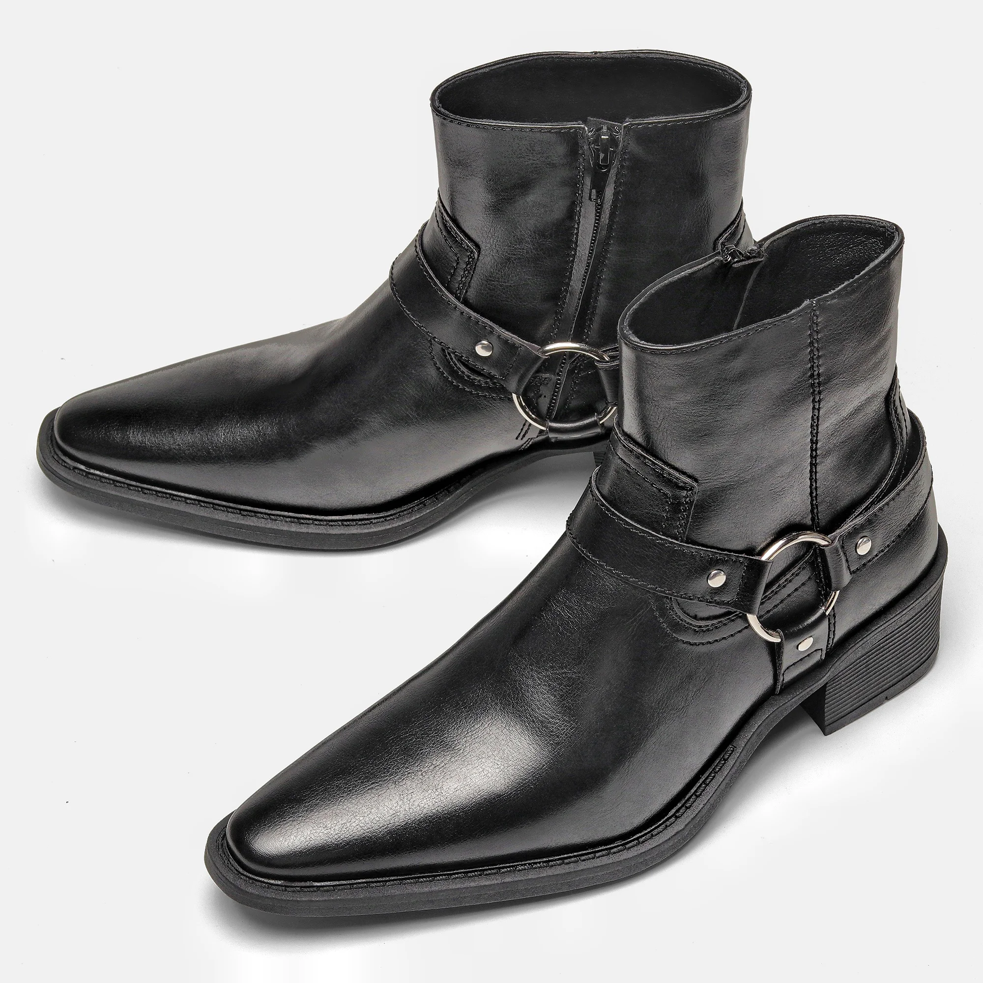 Chelsea-Stiefel für Herren, schwarze Schnallen-Knöchelstiefel mit seitlichem Reißverschluss, spitze Zehenpartie, Blockabsatz