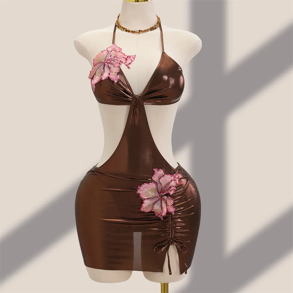 Brown Shiny 3D Flower Swimwear Mini Skirts Sexy Halter Backless One Piece Swimsuit Women 2026 Hollow Out Monokini Swimming Wear