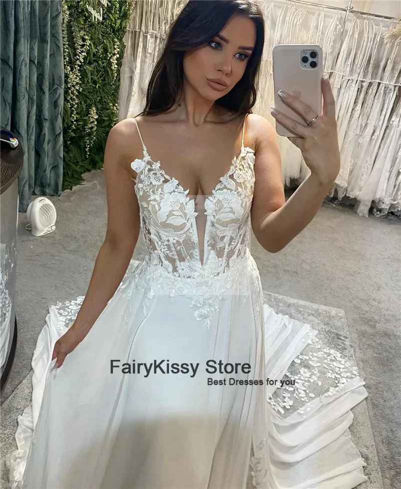 FairyKissy Boho Wedding Dresses Chiffon Spaghetti Strap Bride Dress Elegant A Line Appliqued Lace Bride Wedding Gowns 2025