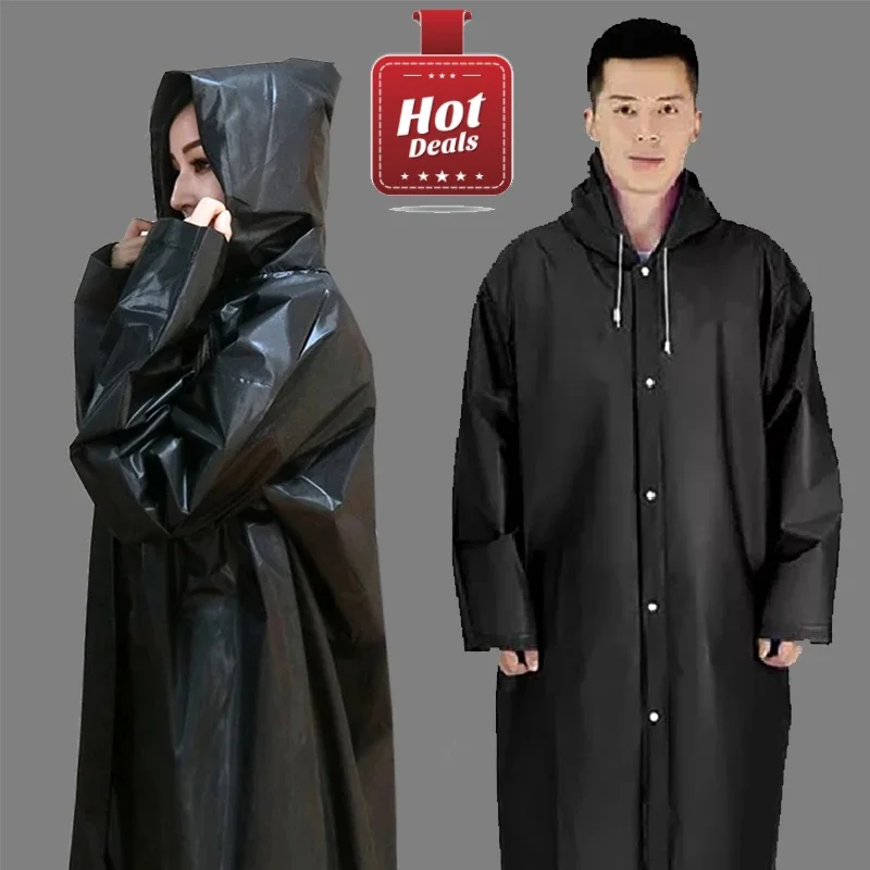 Unisex Long Hooded Raincoat, Black, Thick, Eva Material, Outdoor, Mountaineering, Travel, Fishing, Adult Fashion