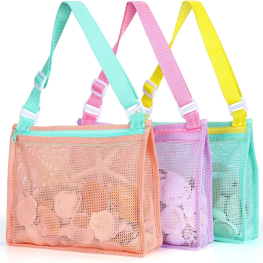 3 Pcs Mesh Bag - Beach Toy Mesh Bag,Collect Seashells & Beach Toys,Swimming Accessories Storage Bag,Convenient and Easy to Carry