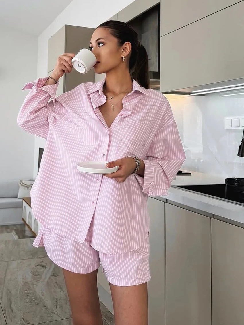 

Marthaqiqi полосатые женские ночные рубашки, комплект одежды для сна с длинными рукавами, сексуальная ночная рубашка с отложным воротником, шорты, повседневные женские пижамные костюмы