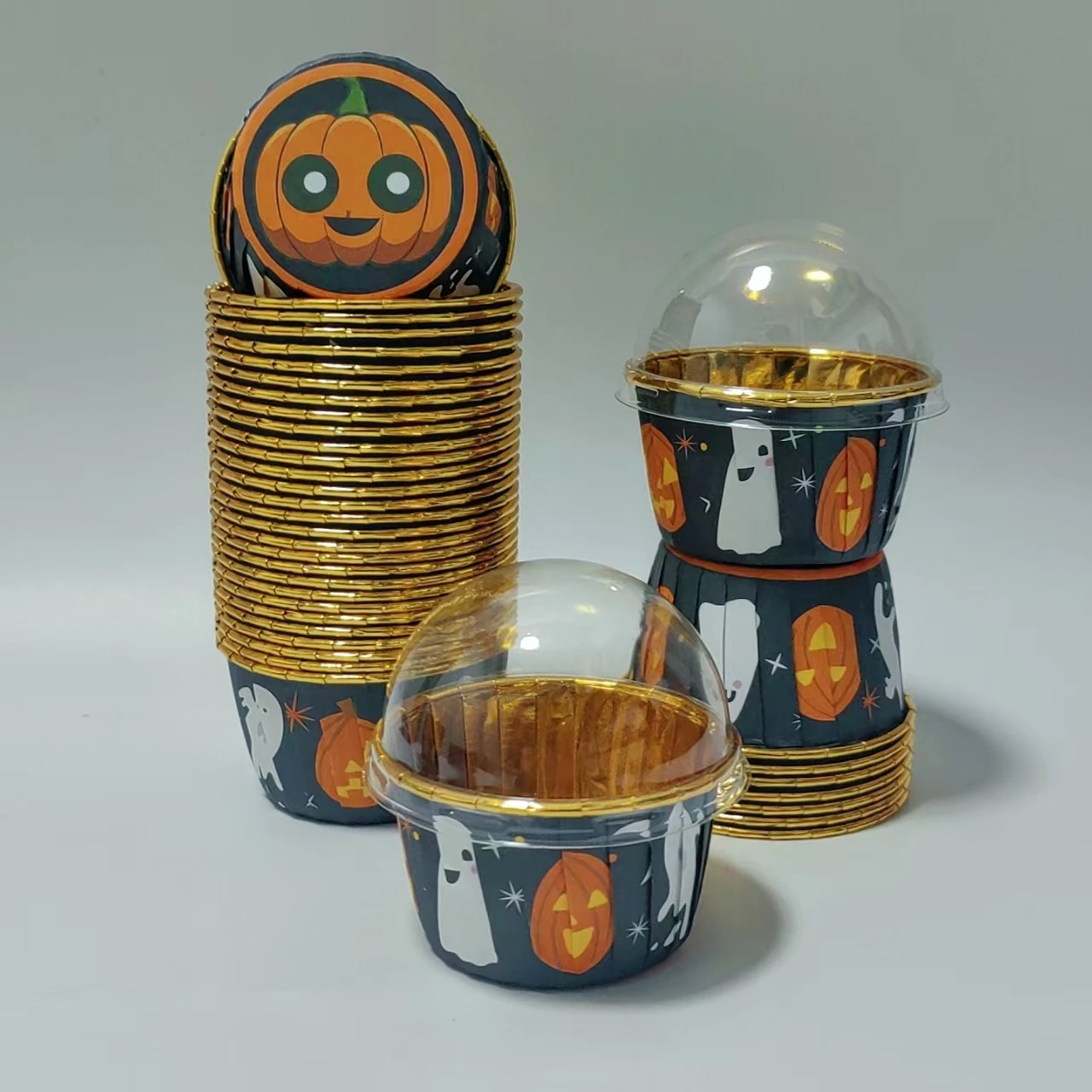 أكواب كعكة على طراز الهالوين، 50 قطعة من أكواب كب كيك للاستعمال مرة واحدة، أكواب مافن مع أغطية/بدون أغطية، أكواب الخبز، مقاومة للحرارة #2