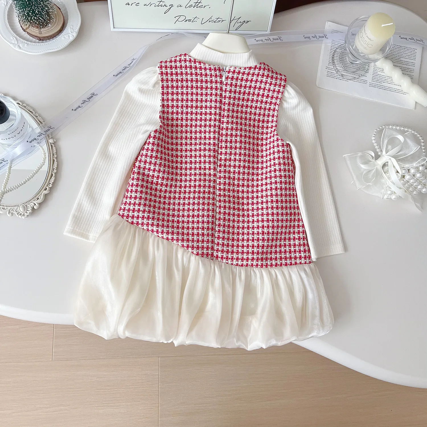 White Long-Sleeved Shirt Red Grid Vest Dress Suit Children's Two Pieces Outfits Sets 2025 Spring Girls Clothing