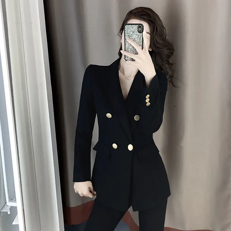 Black Blazer Women Casual Temperament Female Outerwear Solid Double Breasted Suit Coat Office Ladies Chic Blazers Elegant Tops