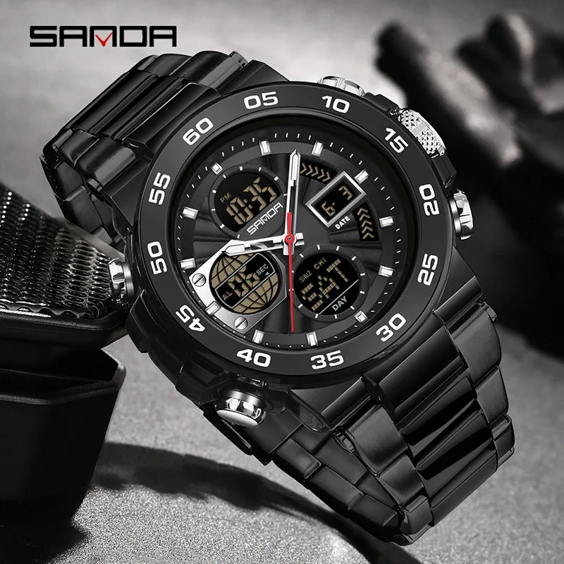 SANDA 6312 New Steel Strip Sports Watch Dual Display Dual Movement 5ATM Waterproof Multi functional Men's Electronic Watch
