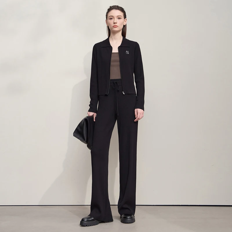 AMII Cardigan for Women 2025 Autumn New Minimalist Commuter Embroidery Versatile Slim Knitting Casual Wide-leg Trousers 12543128