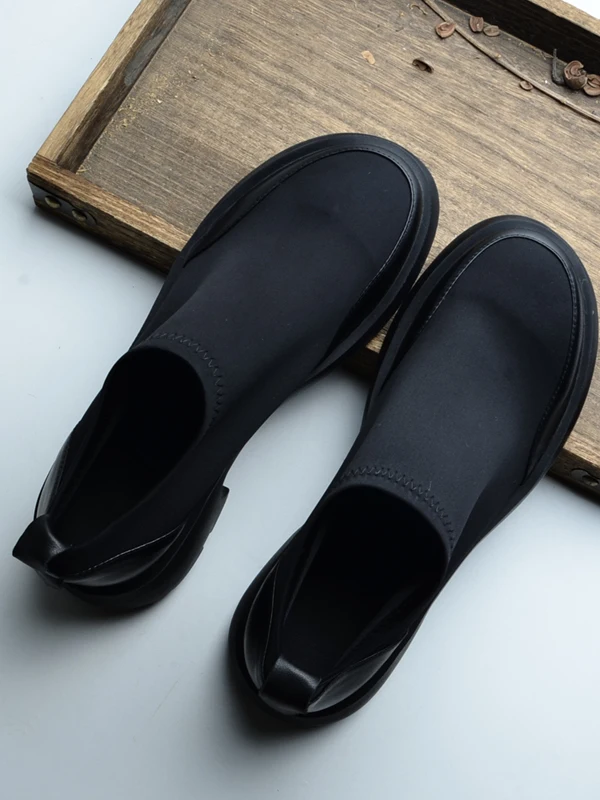

Chelsea Shoes Unisex Retro Style Elastic Fabric Genuine Leather round Toe Square Heel Slip-On Single Shoes for Autumn