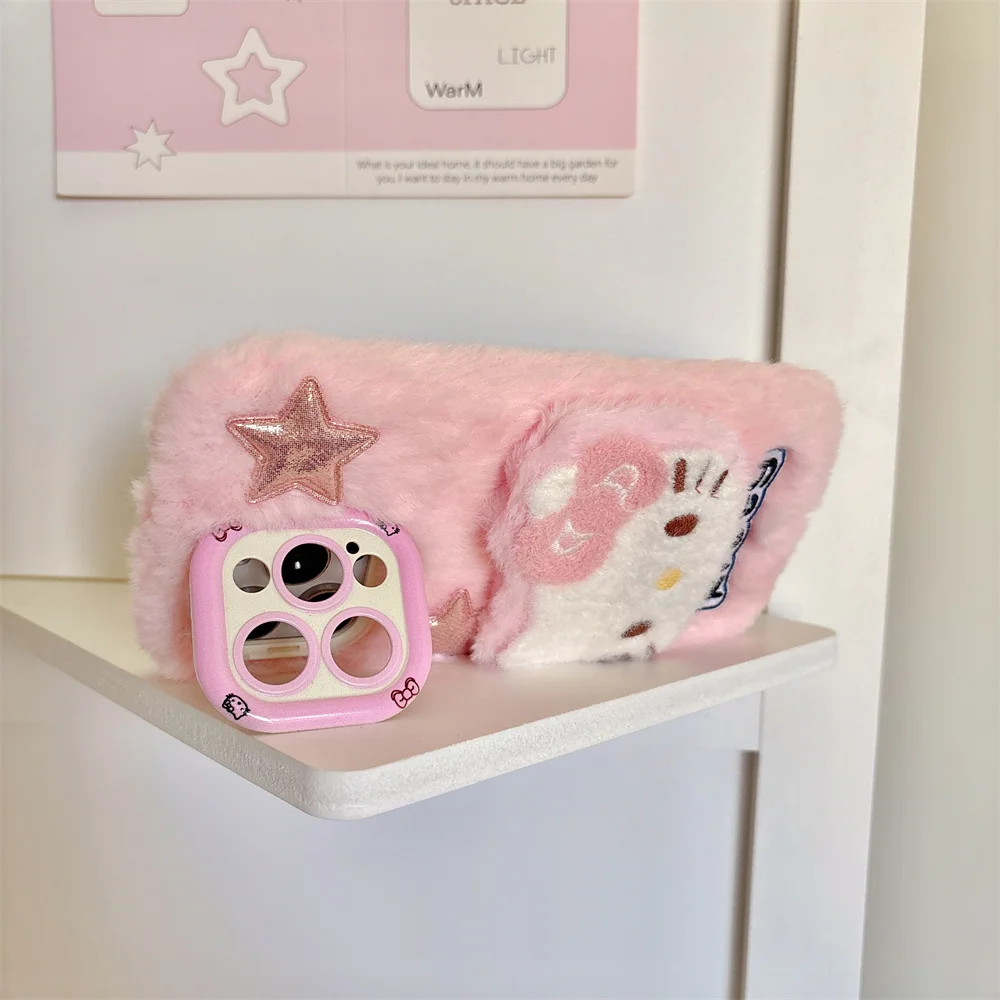 Soft Fluffy Plush KT 3D Hello Kitty Phone Case For iPhone 14 15 16 Plus 13 11 12 Pro Max Lens Holder Warm Winter Furry Fur Cover