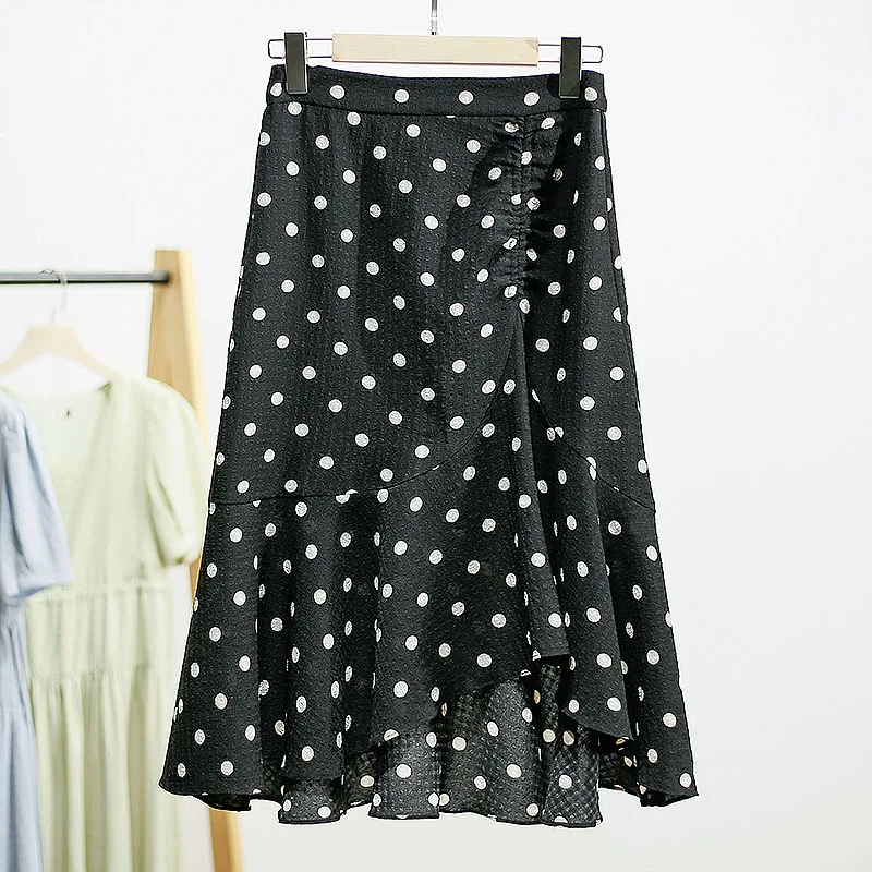 

Элегантная короткая юбка-рыбка с завышенной талией, в горошек, асимметричная, нежная, женская, модная, весенне-летняя, миди, из полиэфирного волокна
