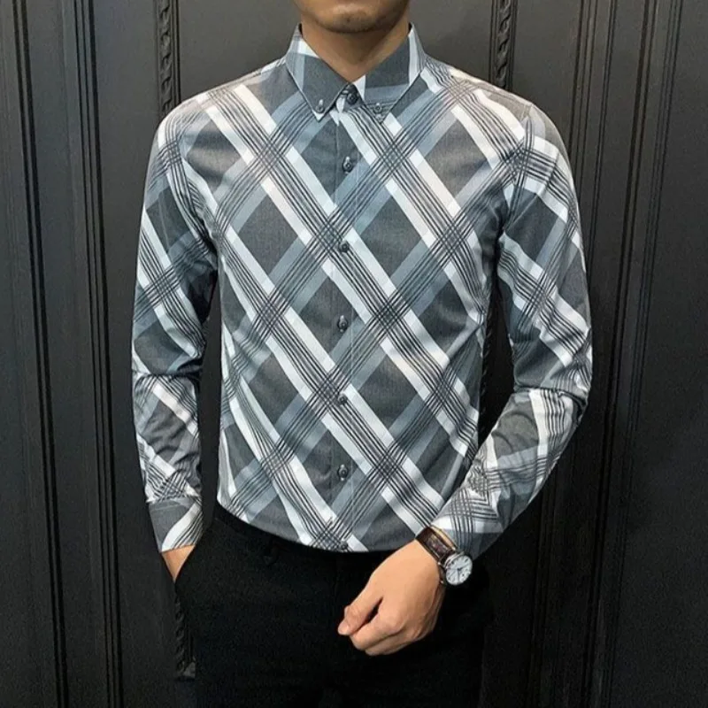 

Новая мужская рубашка в клетку с длинным рукавом в корейском стиле, модная повседневная приталенная деловая рубашка без складок