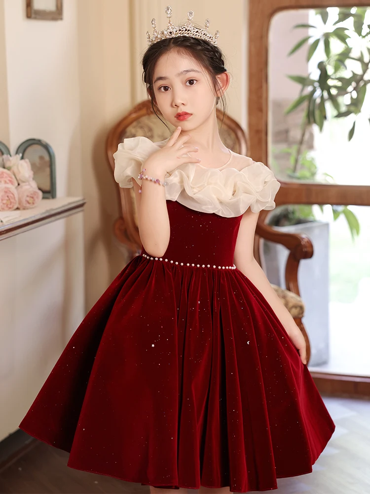 A-line round neck high-end velvet hot gold wine red girl dress flower girl dress bridesmaid dress wedding dress/ Custom Made