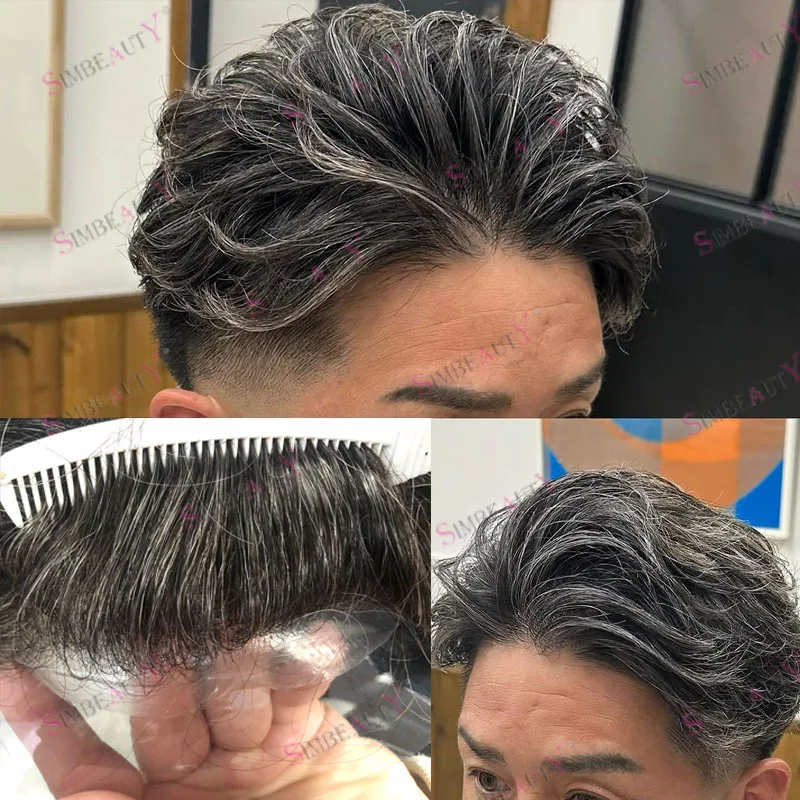 

Natural Full 0.02mm Skin Base Black Brown with Grey Human Hair Man's Wigs Super Durable Capillary Prosthesis Systerm Men Toupee