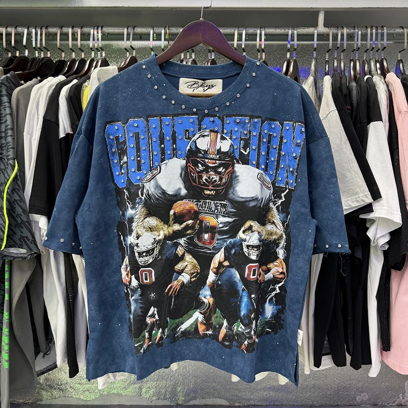 Stock Summer Trend Streetwear Rivet Decoration Retro Prints BKYS Short-sleeved High-quality T-shirt Tops