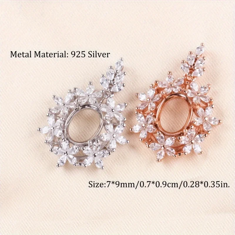 7x9mm oval prong pendant settings, flower s925 sterling silver rose golden charm with rhinestone for DIY crafting jewelry